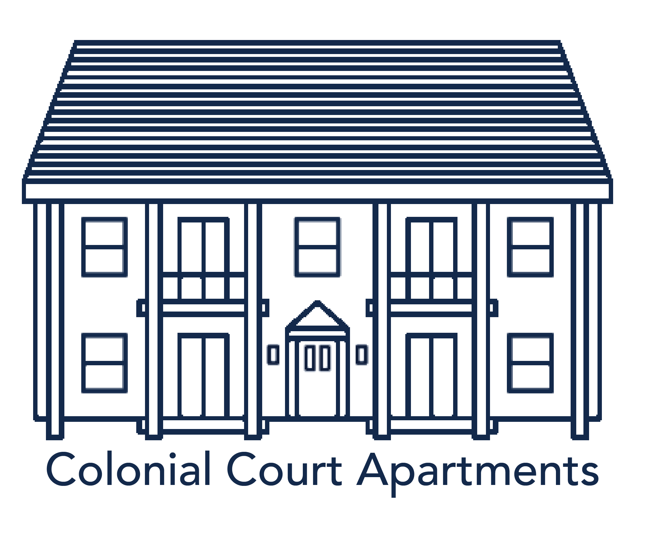 A line drawing of a colonial court apartment building.